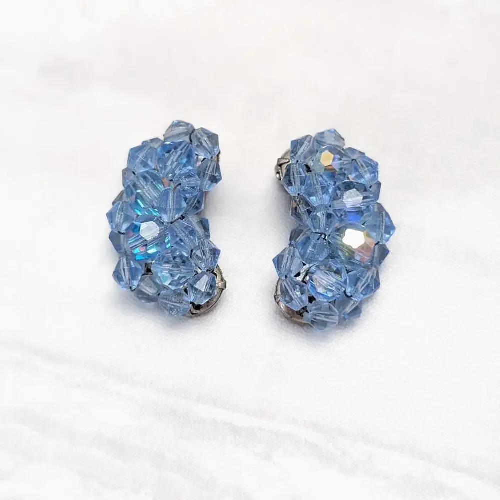 Vintage Clip On Earrings Kidney Bean Shape Large Blue Beaded Statement 1 & 3/8
